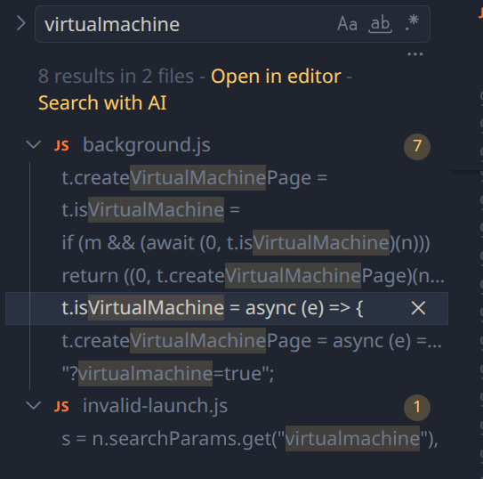 VSCodium folder search showing the isVirtualMachine function in the extension’s obfuscated source