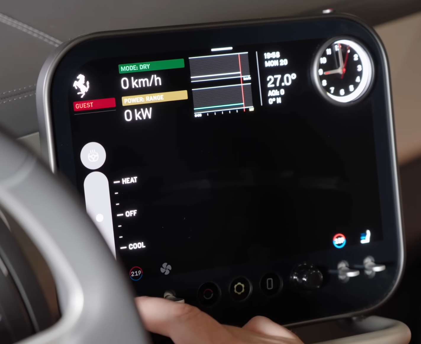 Interior of the Ferrari Luce, whose large display is driven mostly by physical controls